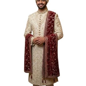 Men's Maroon Velvet Embroidered Sherwani
